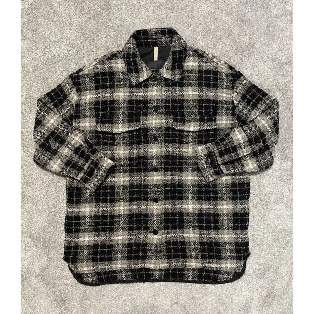 Banana Republic Men's L Plaid Flannel Button-Up Shirt Jacket Black Gray Pockets